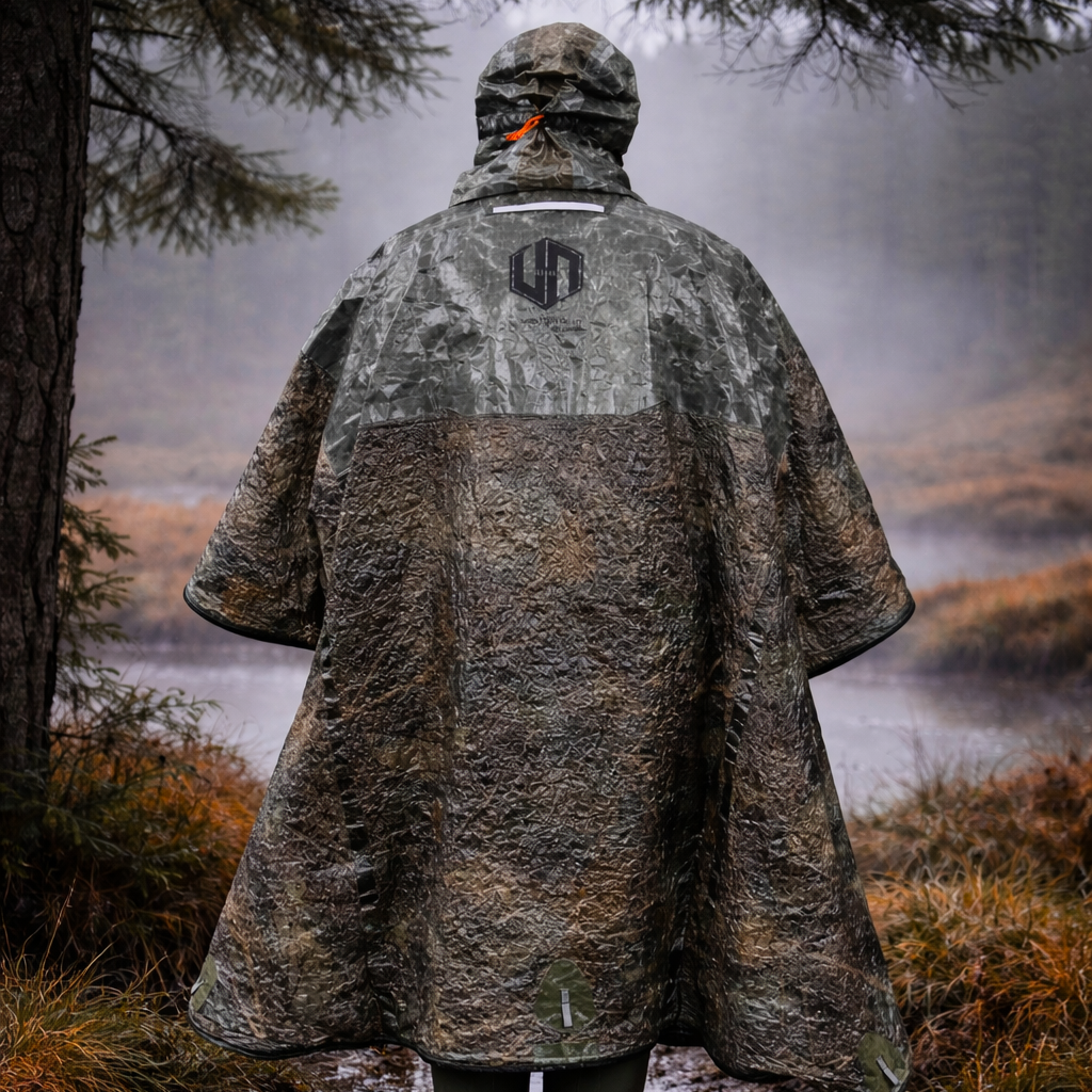 Trygg ShelterWear worn as a protective poncho during exposed outdoor conditions.