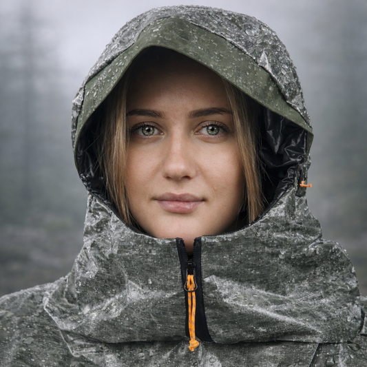 Trygg ShelterWear worn as a protective poncho during exposed outdoor conditions.