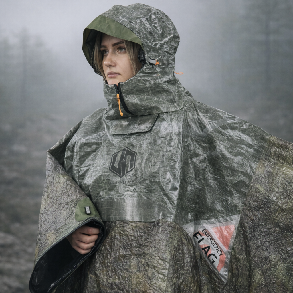 Trygg ShelterWear worn as a protective poncho during exposed outdoor conditions.