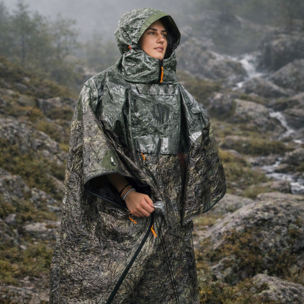 Trygg ShelterWear worn as a protective poncho during exposed outdoor conditions.