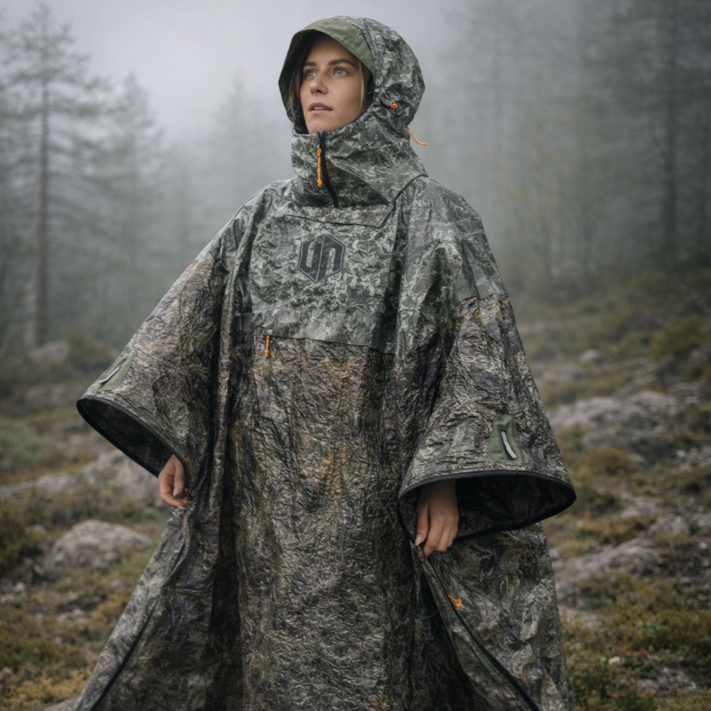 Trygg ShelterWear worn as a protective poncho during exposed outdoor conditions.