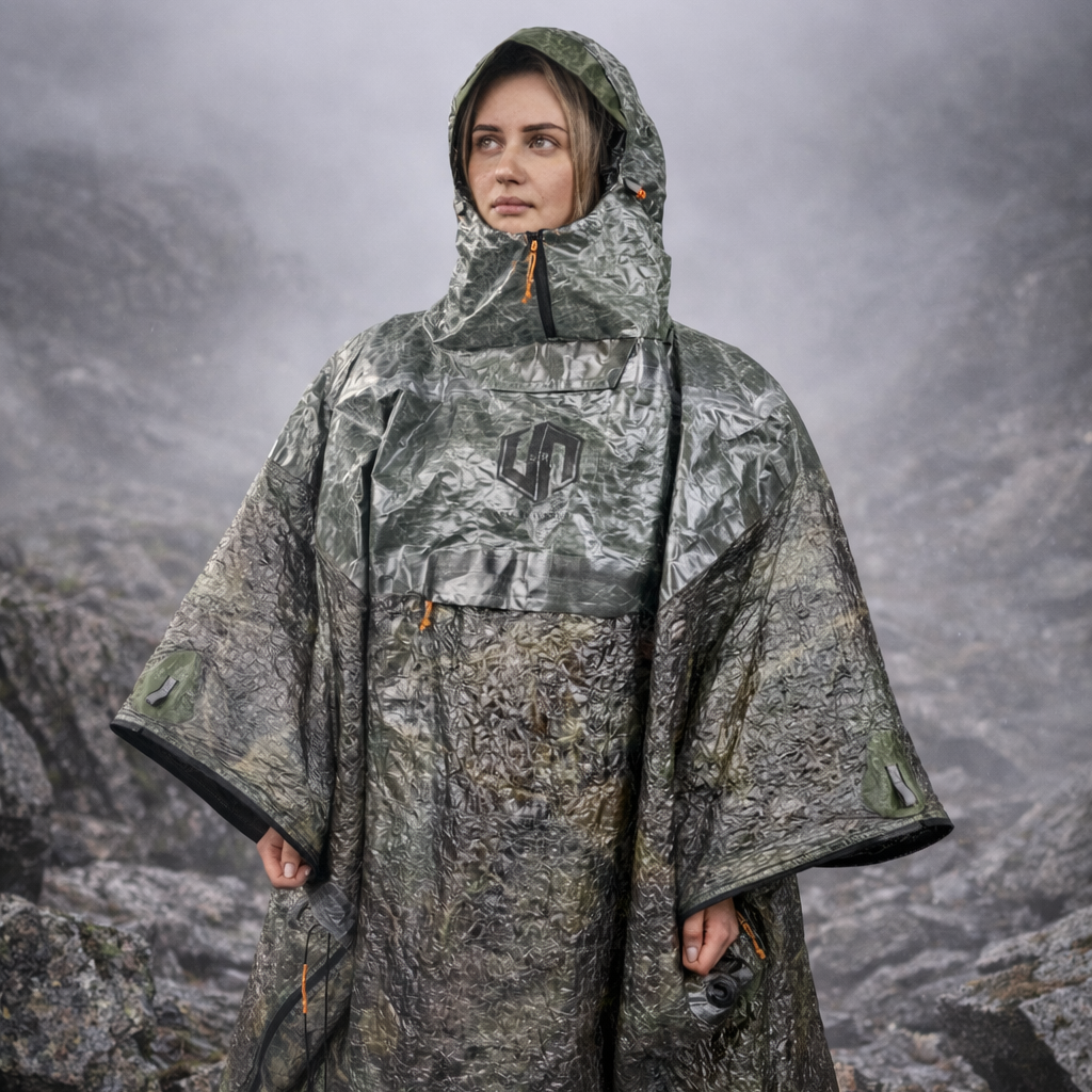 Trygg ShelterWear worn as a protective poncho during exposed outdoor conditions.